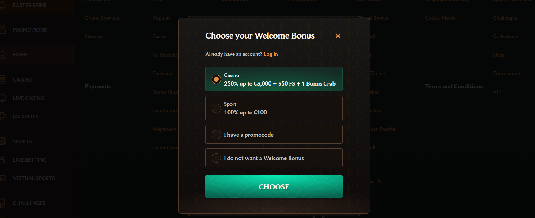 Casino welcome bonus selection popup offering a 250% bonus up to €3,000 + 350 free spins, sports bonus option, promo code entry, and no-bonus choice for new players.