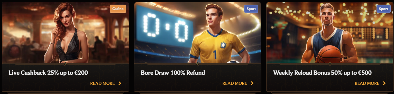 Casino and sports promotions featuring live cashback up to €200, bore draw 100% refund offers, and weekly reload bonus up to €500 for active players.