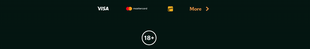 Casino footer with Visa, Mastercard, and Jeton payment options, a “More” link, and an 18+ age restriction badge on a dark green background.